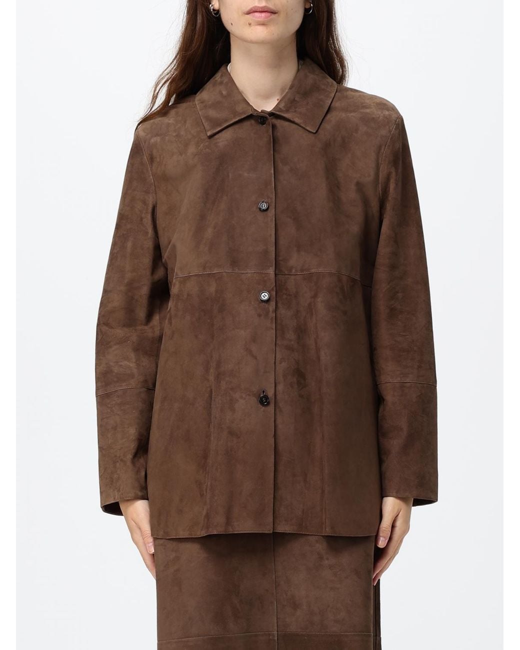 Max Mara Brown Suede Leather Shirt Jacket With Classic Collar