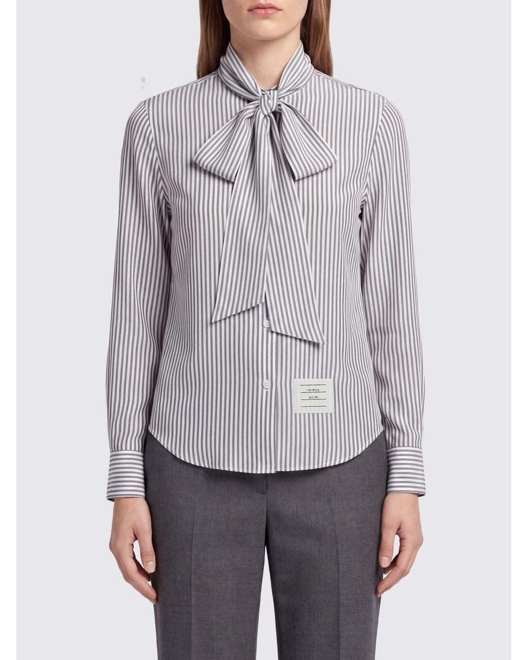 Thom Browne Gray Striped Silk Blouse With Pussy-Bow Neck And Curved Hem