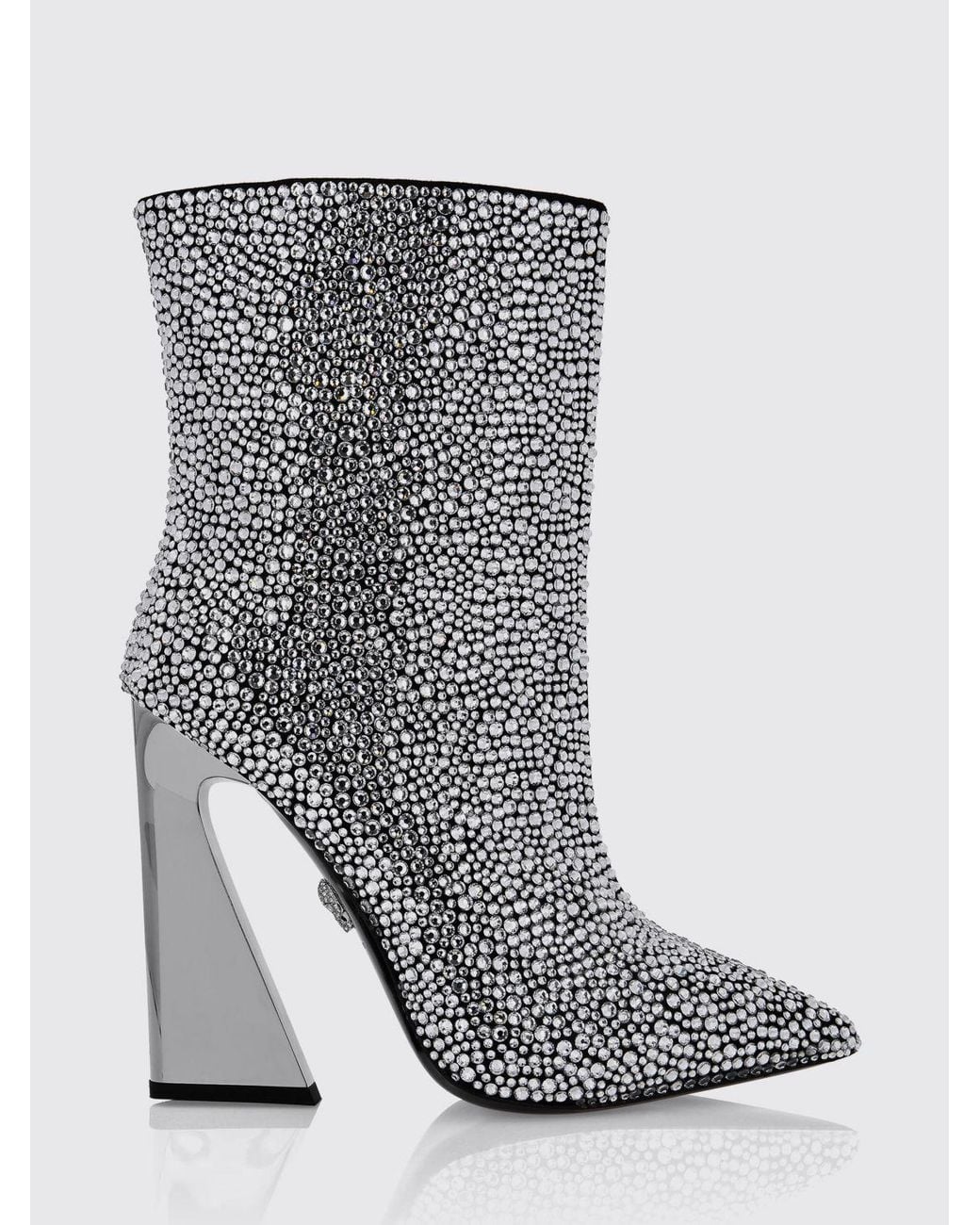 Philipp Plein Gray Almond-Toe Leather Ankle Boots With Swarovski Crystals And High Heels