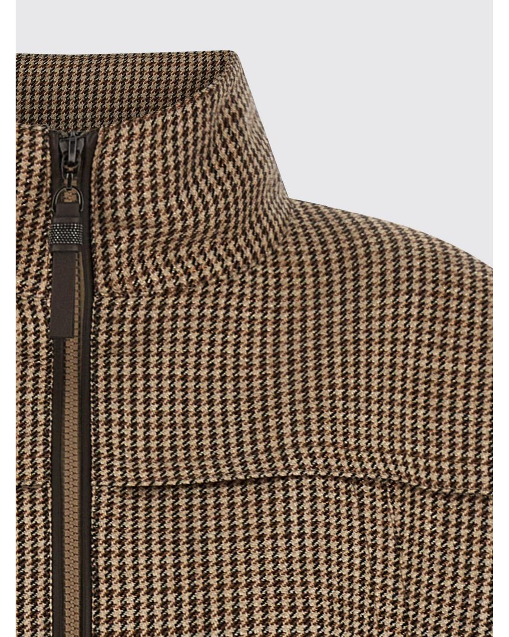 Brunello Cucinelli Brown Houndstooth Virgin Wool Bomber Jacket With High Neck