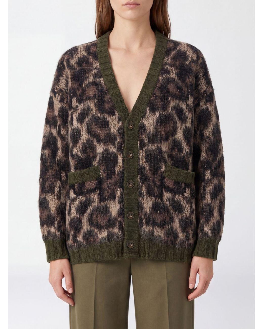Cárdigan De Mezcla De Mohair Con Estampado Animal, Cuello De Pico Y Hombros Caídos R13 de color Black