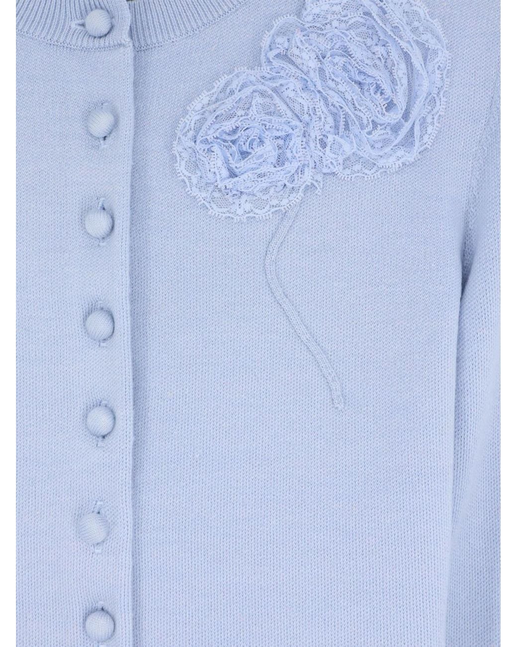 Self-Portrait Blue Slim Fit Wool Blend Cardigan With Flower Appliqué