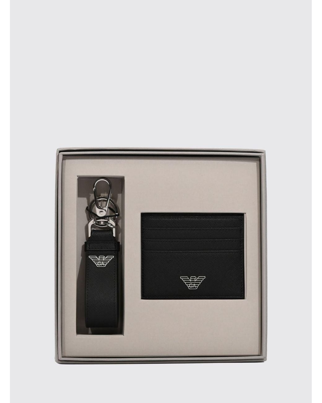 Emporio Armani White Faux Leather Card Holder And Keychain Gift Set for men