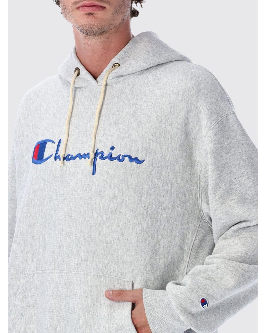Champion Gray Oversized Cotton Hoodie With Contrast Logo for men
