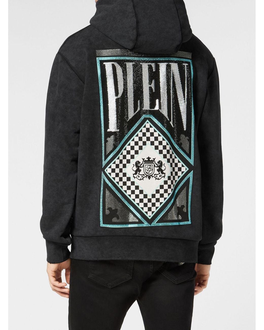 Philipp Plein Black Cotton Hoodie With Rhinestone Logo And Dropped Shoulders for men