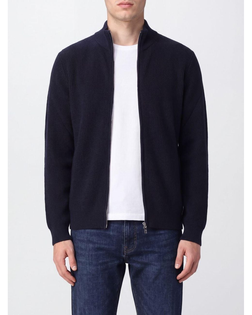 Fedeli Blue Pure Cashmere Zip-Up Cardigan With A Turtleneck Collar for men