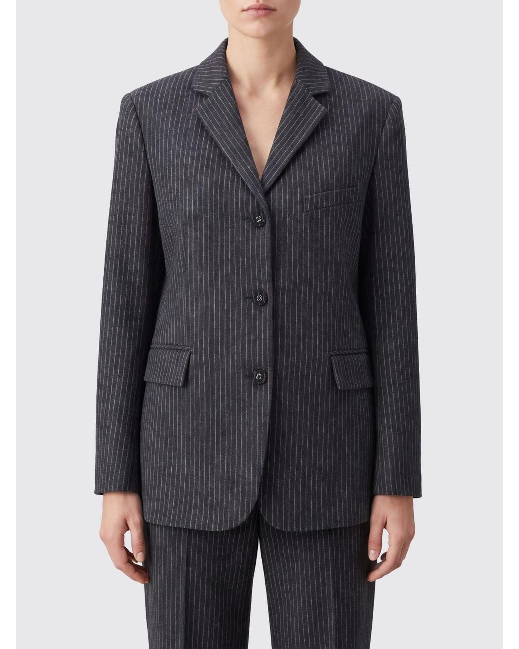 Ganni Gray Pinstripe Wool Single-Breasted Blazer With Lapels