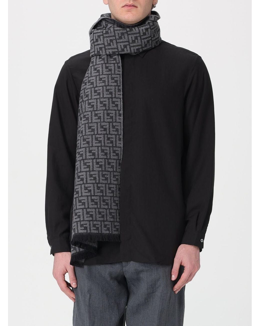 Fendi Gray Wool Scarf With Ff Jacquard Monogram for men