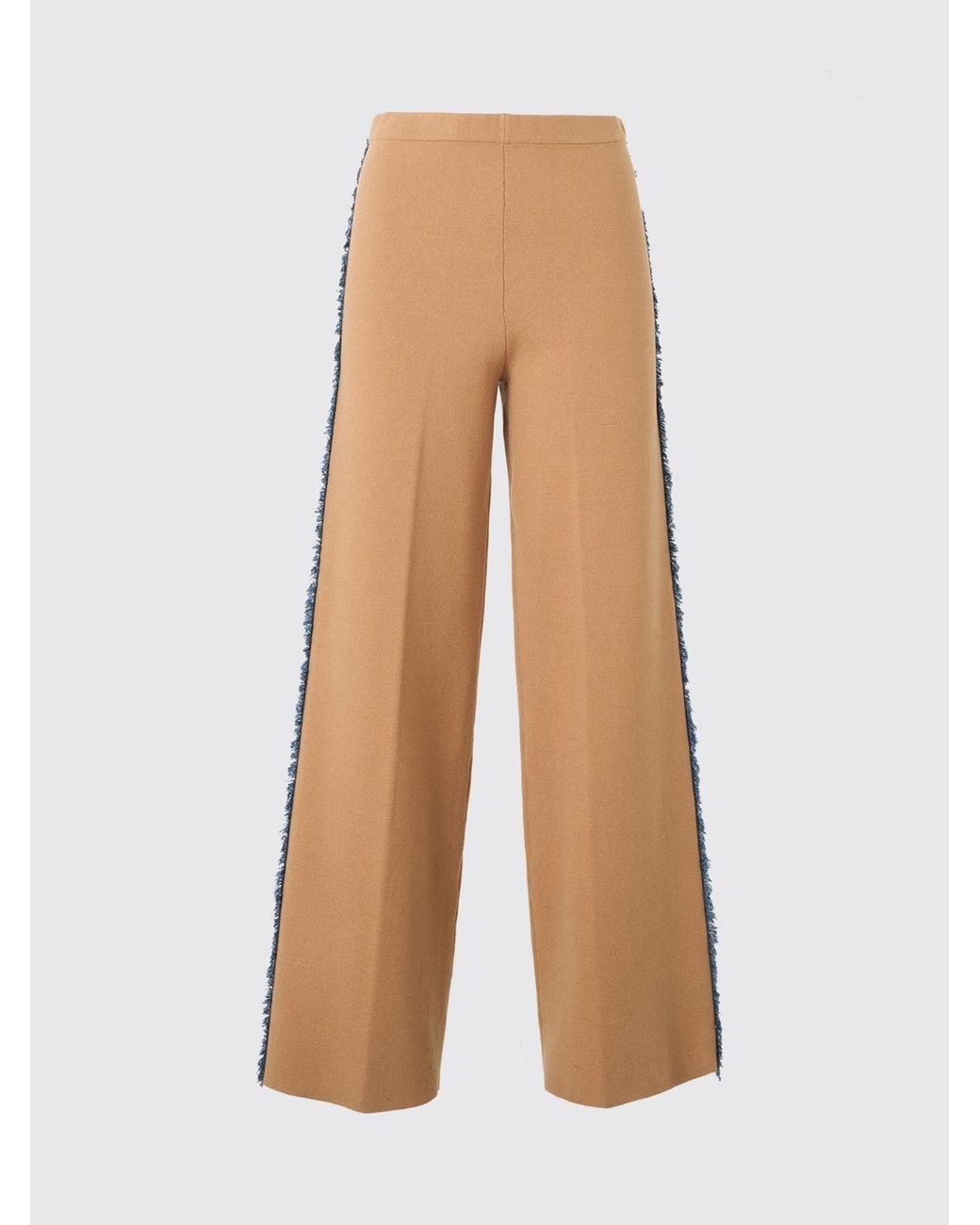 Twinset Natural High-Waisted Wide-Leg Knit Trousers With Contrasting Denim Inserts