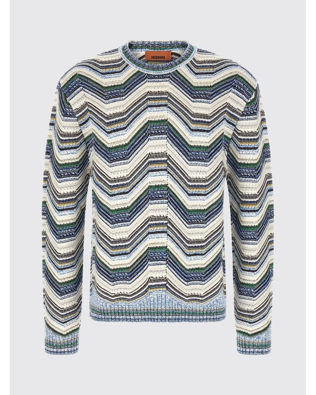 Missoni Blue Multicolour Zig-Zag Wool Blend Slim Fit Crewneck Jumper for men