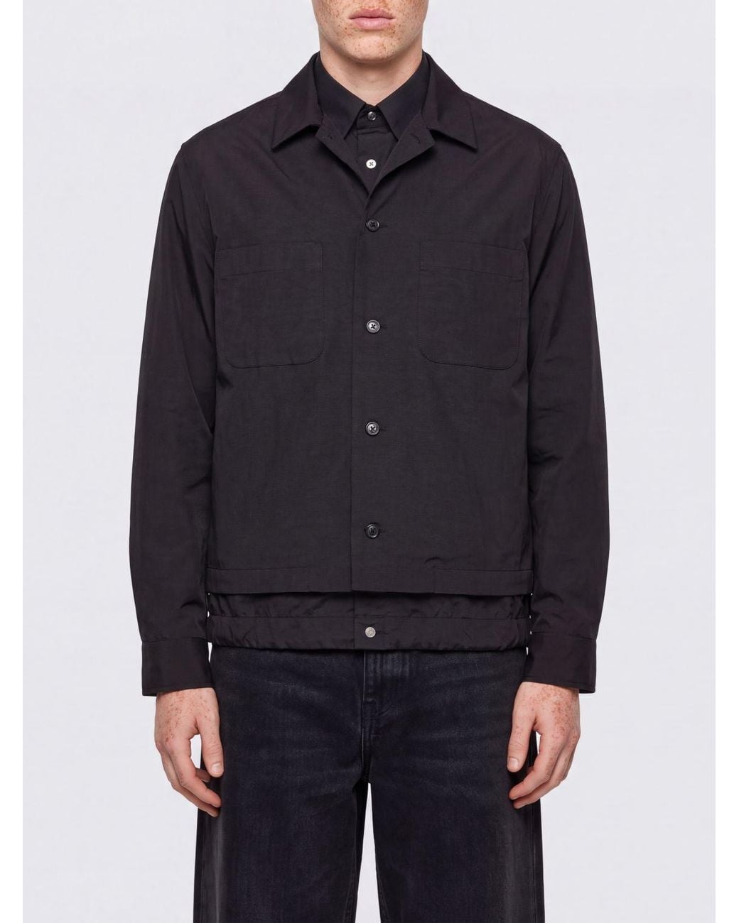 Sacai Blue Cotton-Blend Shirt Jacket With Cuban Collar And Patch Pockets for men