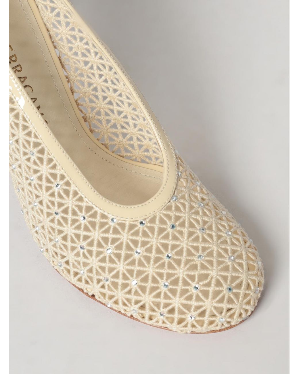 Ferragamo Natural Macramé Cotton Pumps With Rhinestones
