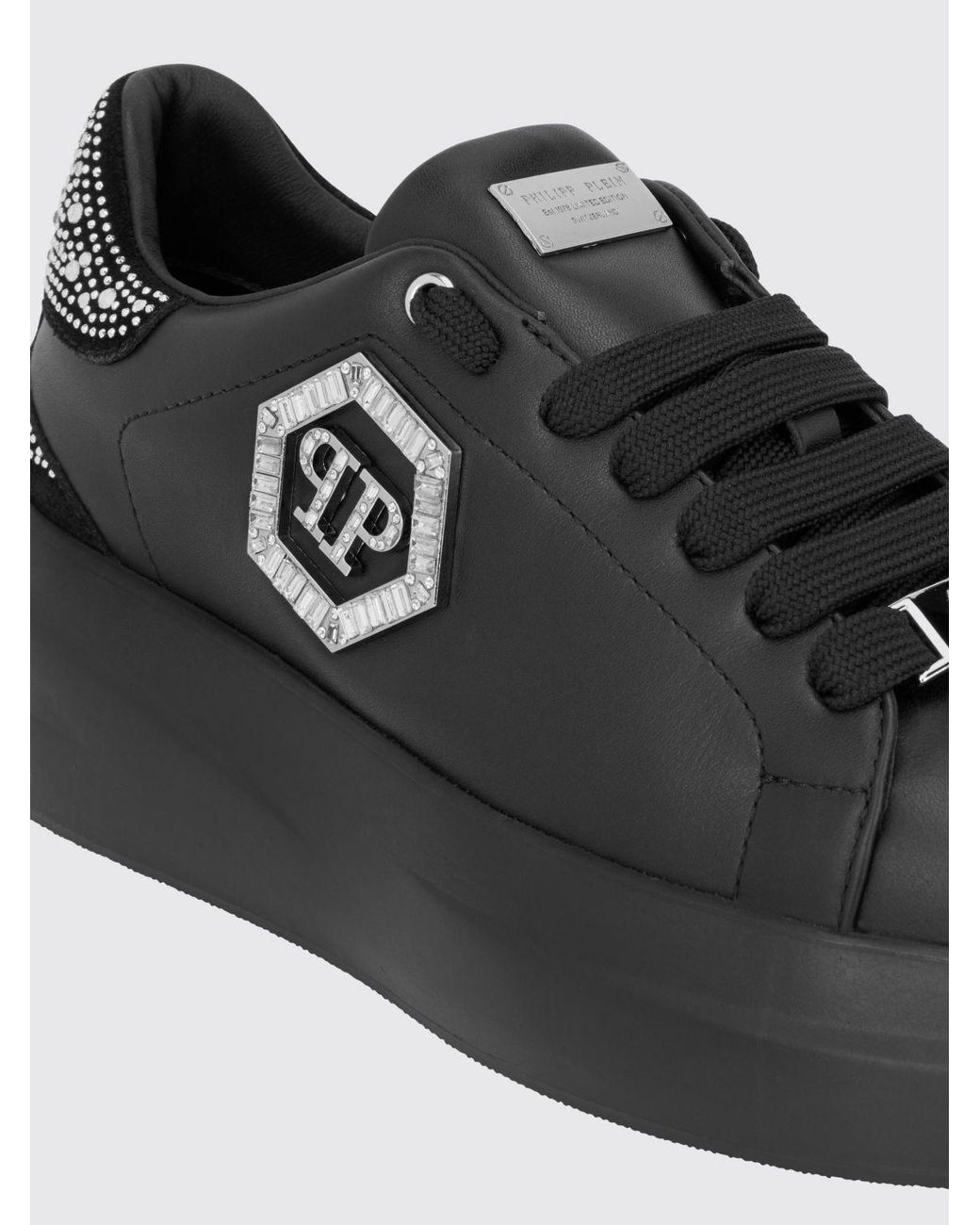 Philipp Plein Black Leather Chunky Sneakers With Hexagon Logo And Rhinestones
