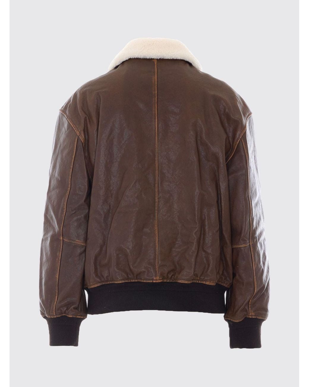 DUNST Brown Lambskin Leather Bomber Jacket With Fur Collar And Elasticated Cuffs