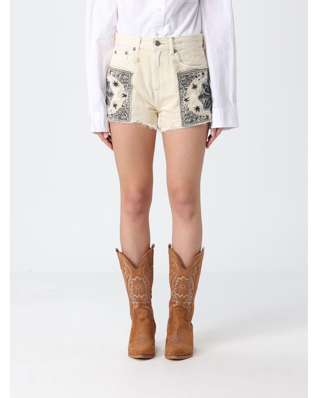 R13 White Printed Cotton Denim Shorts
