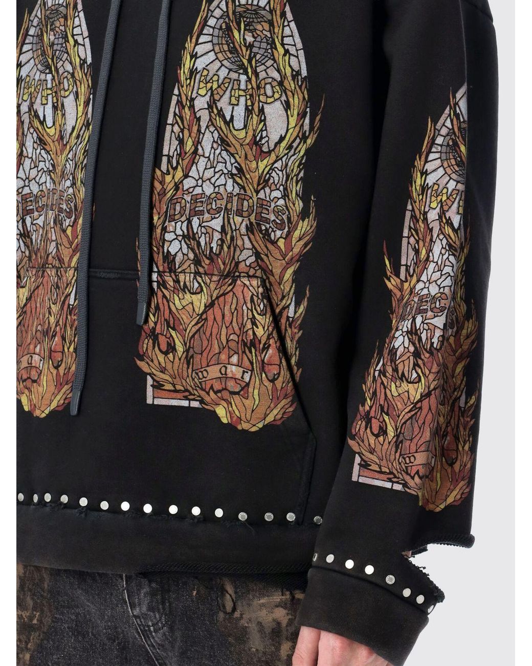 Who Decides War Black Studded And Printed Cotton Hoodie With Relaxed Fit for men