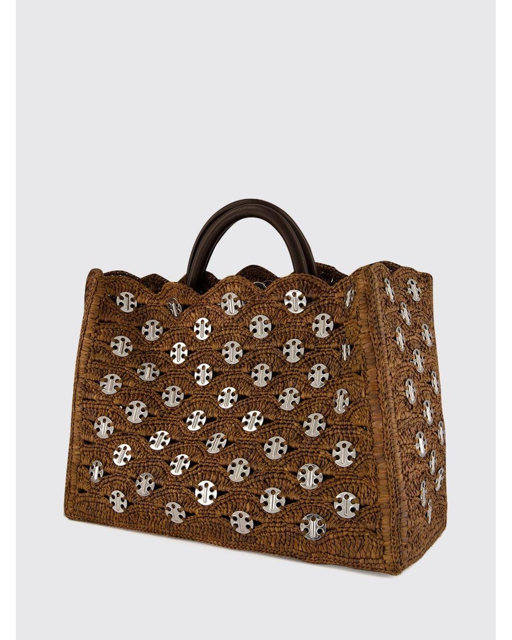 Rabanne Brown 1969 Raffia And Leather Tote Bag With Metallic Rings