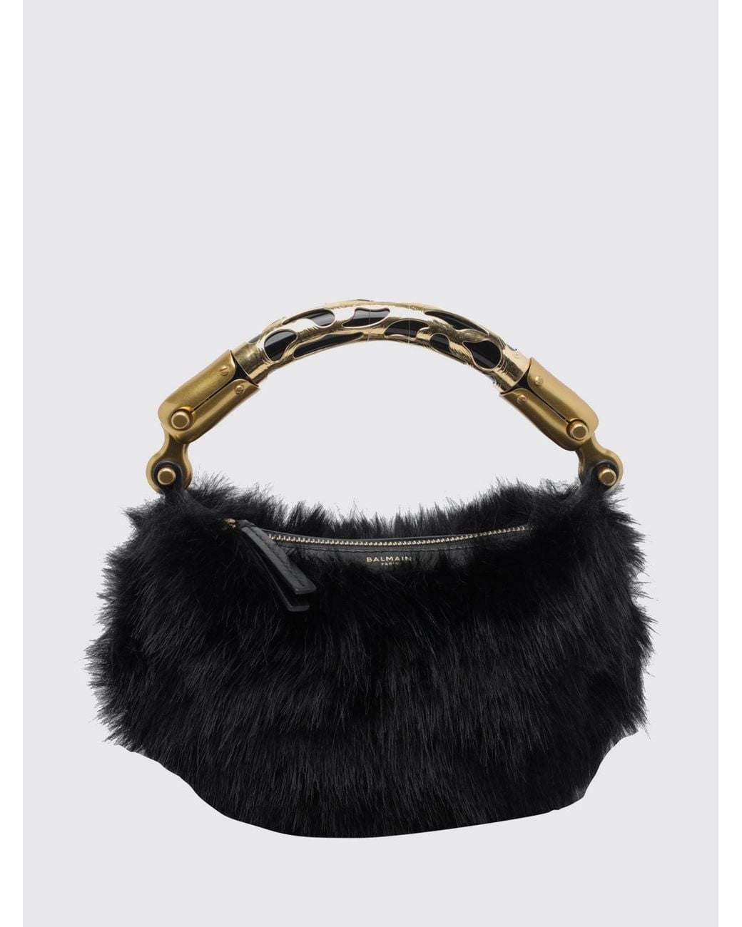 Balmain Black Ébène Faux Fur Mini Handbag With Rigid Handle