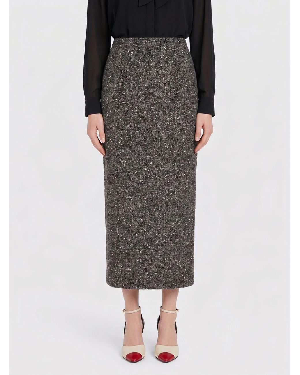 Valentino Garavani Gray Wool Blend Midi Pencil Skirt With Ruffles