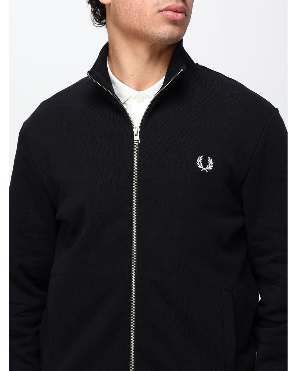 Fred Perry Blue High Neck Cotton Zip-Up Sweatshirt With Embroidered Logo for men