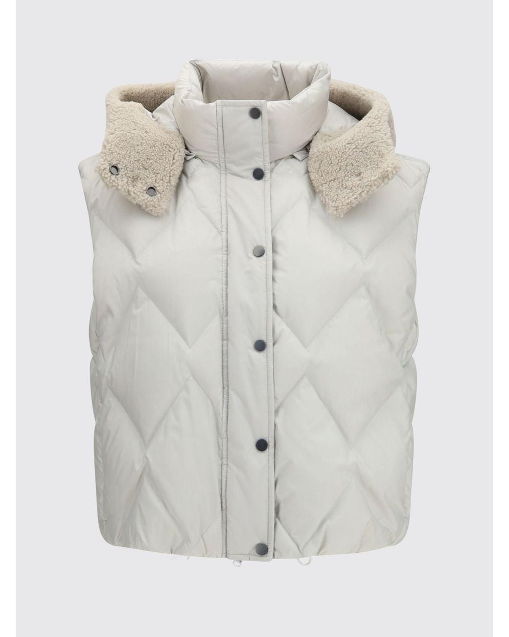 Brunello Cucinelli Gray Padded Nylon Gilet With Shearling Hood