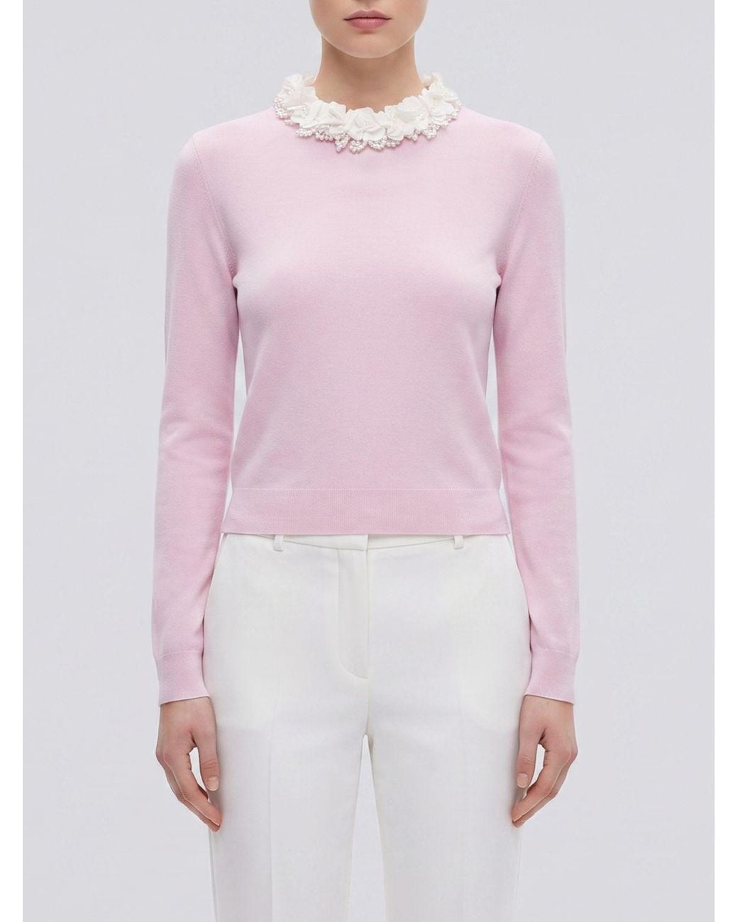 Self-Portrait Pink Slim Fit Embroidered Wool Jumper With Ruffle Collar