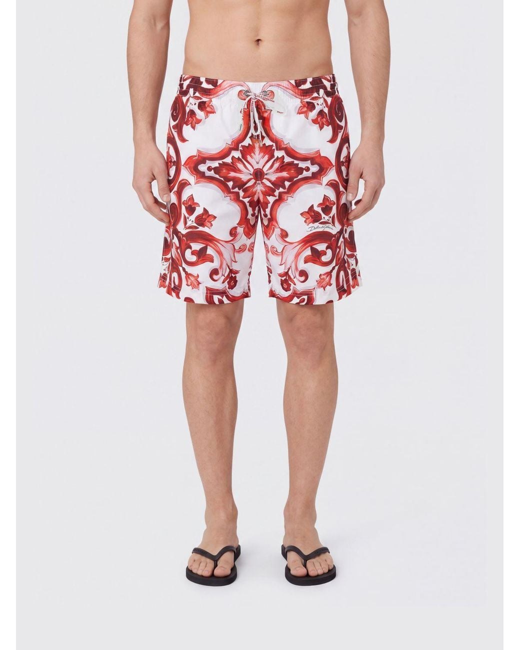 Dolce & Gabbana Red Dolce &Amp Gabbana Majolica Print Polyester Swim Shorts for men