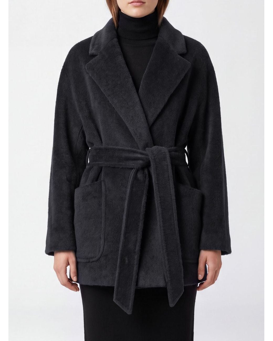 Tagliatore Black Short Alpaca Wool Robe Coat With Belt