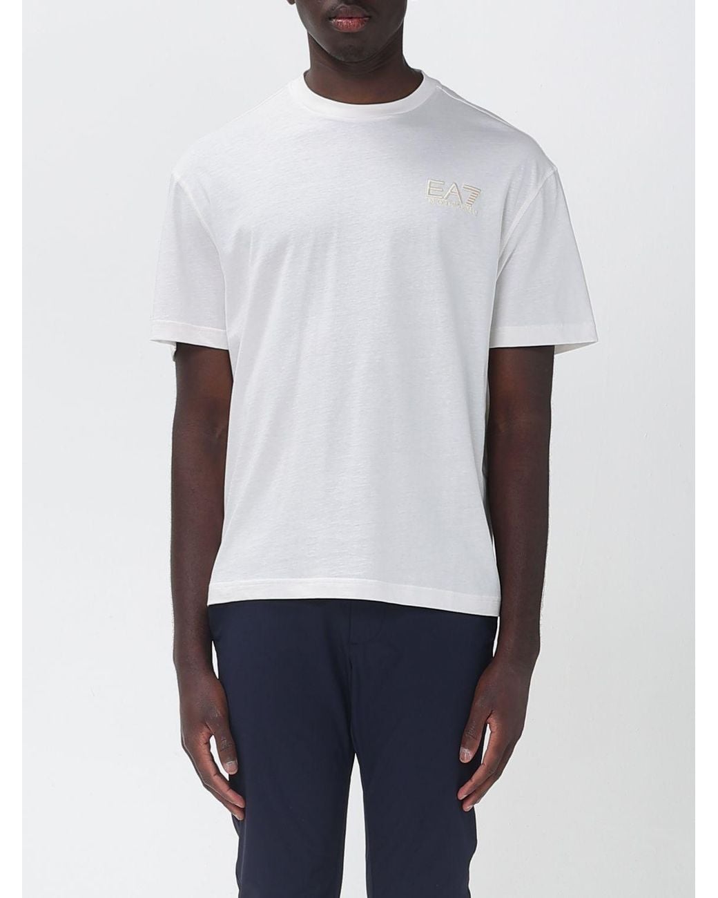 EA7 White Printed Cotton Crew Neck T-Shirt for men