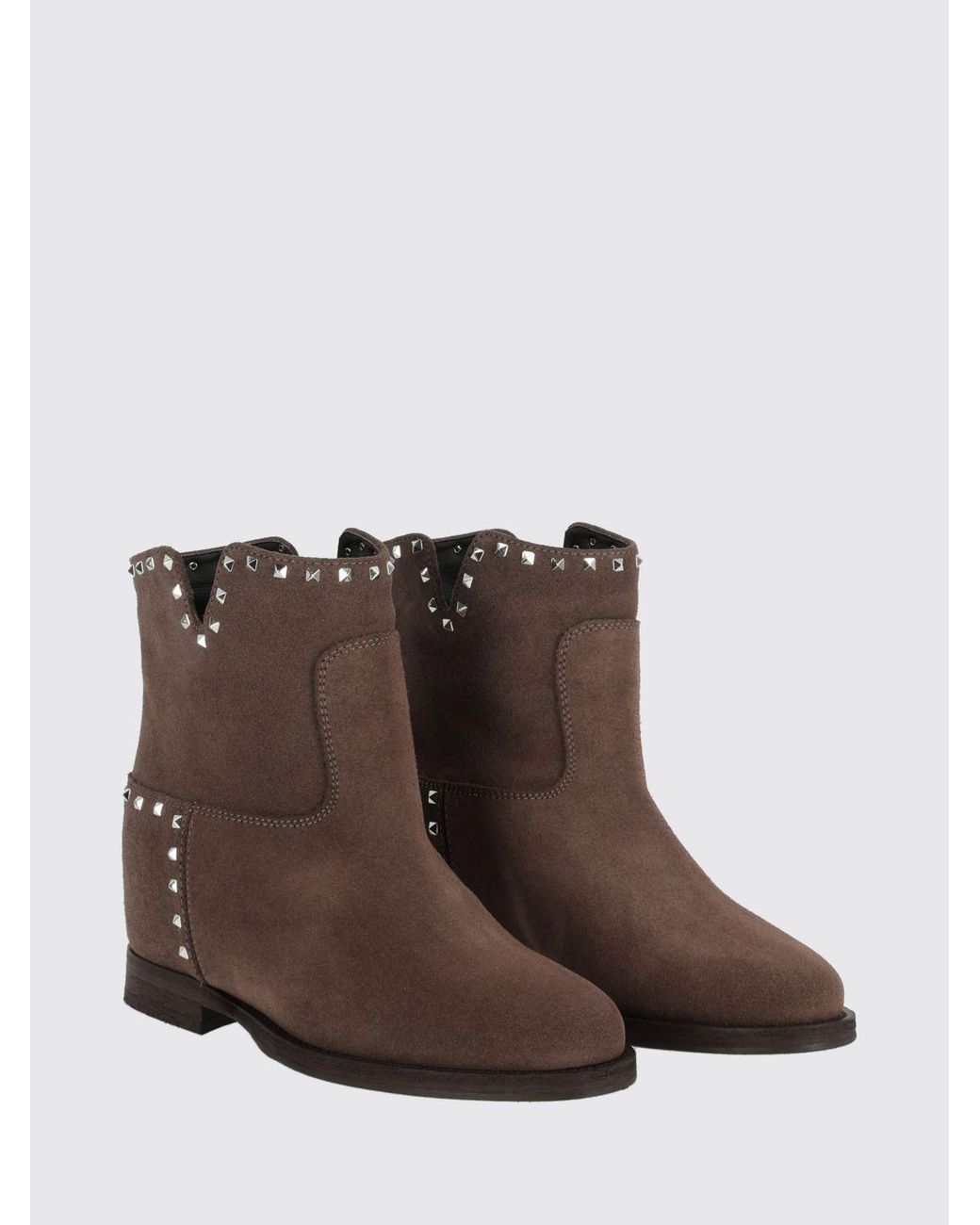 Via Roma 15 Brown Studded And Embroidered Leather Ankle Boots With Low Heel