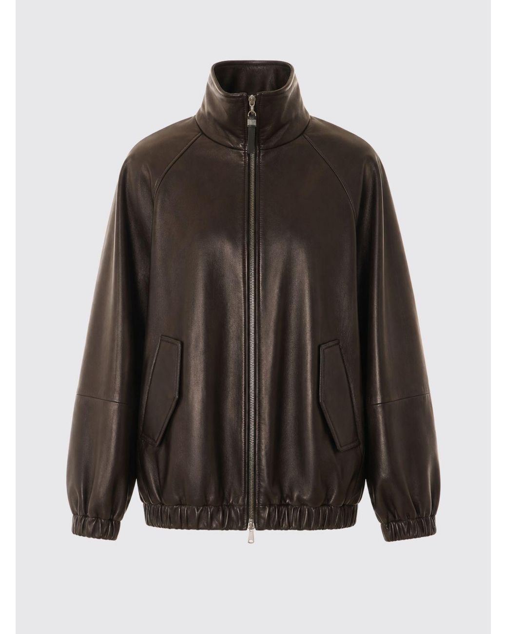 Brunello Cucinelli Black Relaxed Fit Lambskin Leather Bomber Jacket With High Neck
