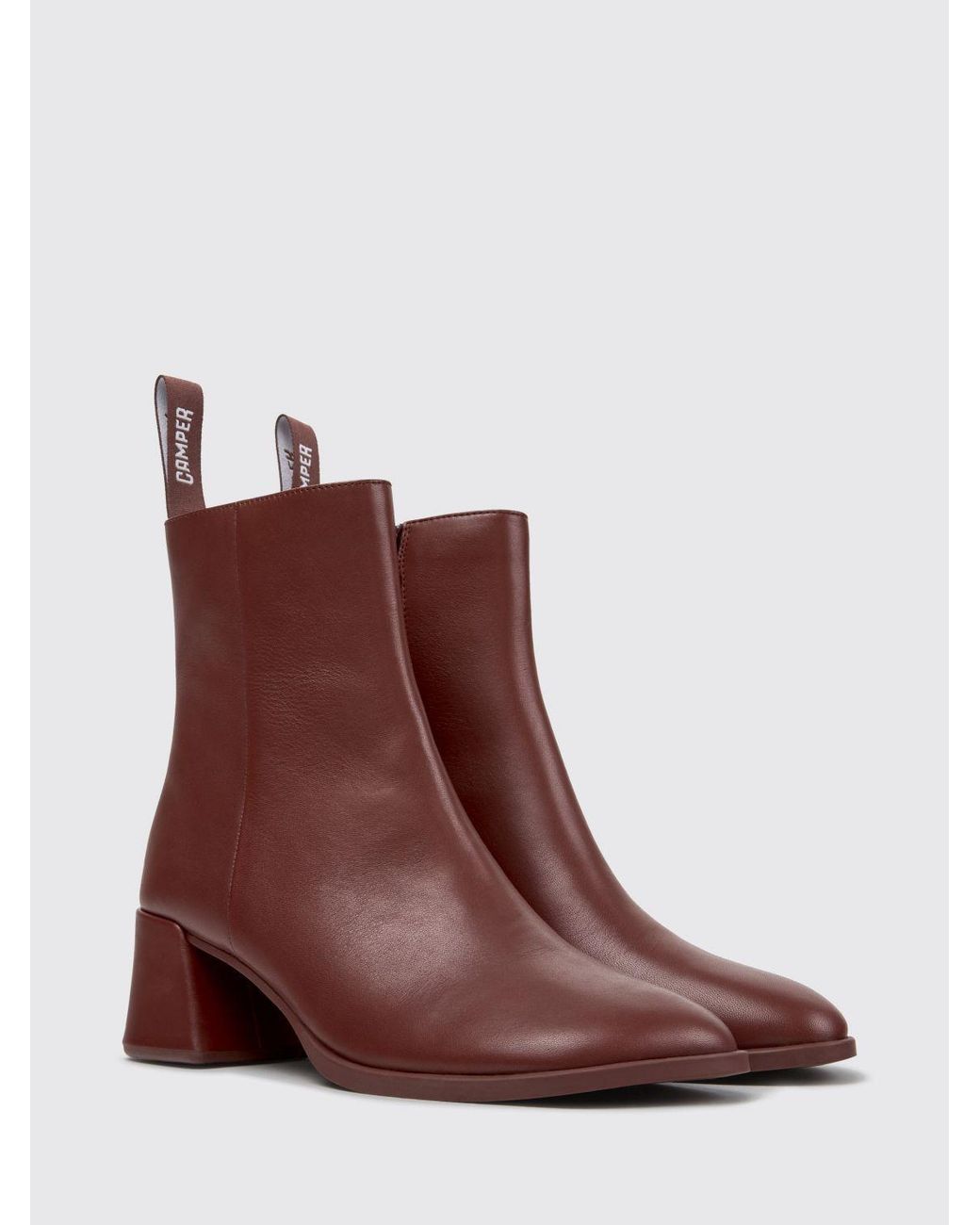 Camper Brown Kora Smooth Leather Ankle Boots With Block Heel And Side Zip