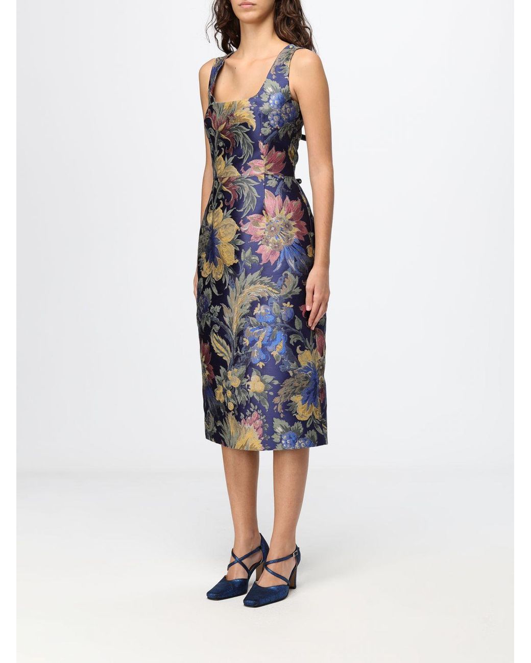 Etro Blue Floral Print Midi Sheath Dress