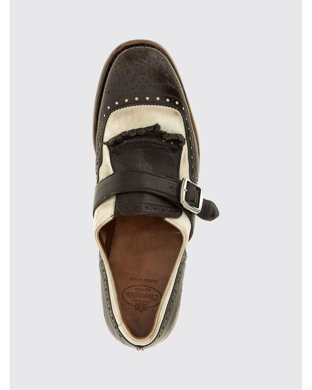 Church's White Shangai Bicolour Calfskin Monk Strap Shoes With Fringe And Broguing