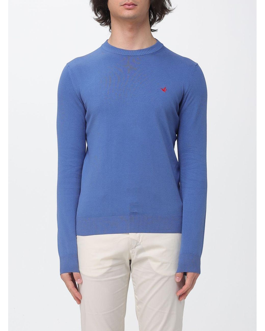 Brooksfield Blue Cotton Crew Neck Sweater With Logo for men