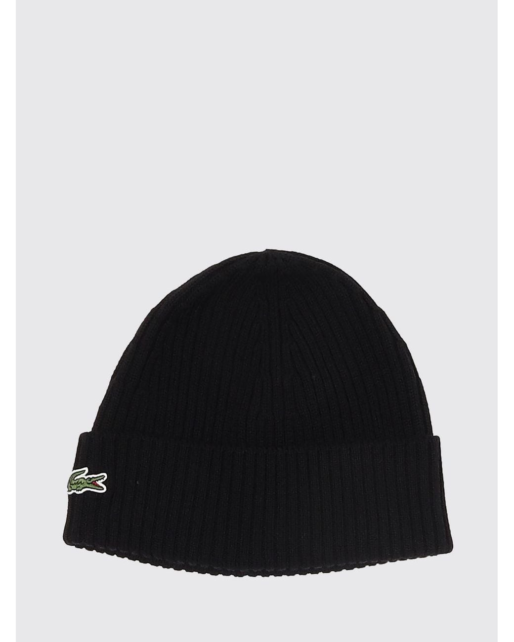 Lacoste Black Pure Wool Beanie With Cuffed Hem And Embroidered Crocodile Logo for men