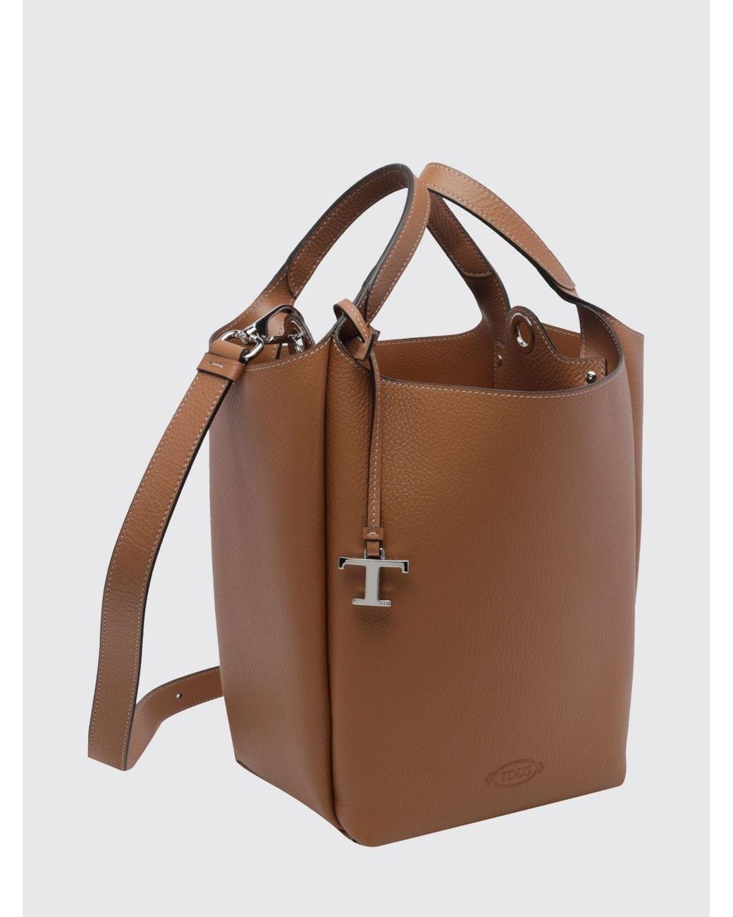 Tod's Brown Hammered Leather Bucket Bag With Double Handle And Charm