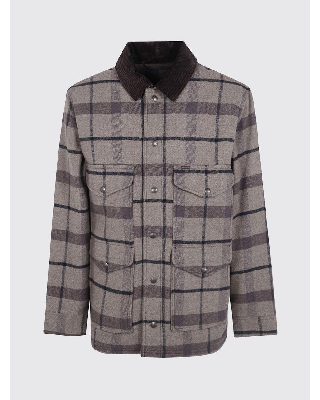 Filson Gray Spokane Tartan Wool Shirt Jacket With Contrast Velvet Collar for men