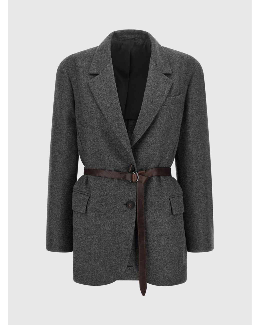 Brunello Cucinelli Gray Single-Breasted Virgin Wool And Cashmere Belted Blazer