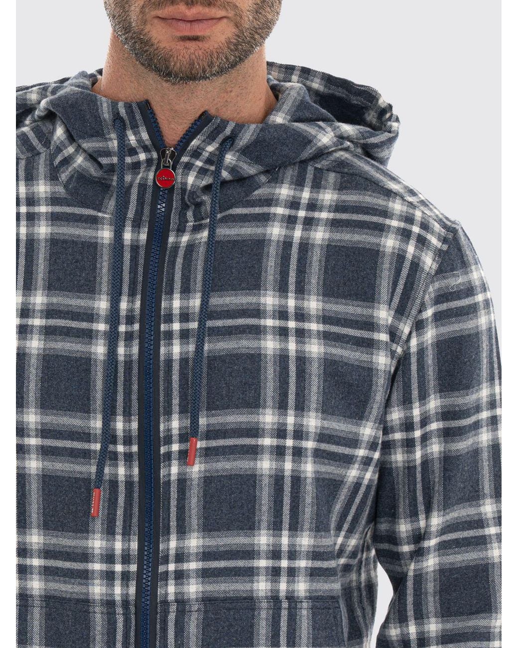 Kiton Blue Tartan Cotton Zip-Up Hoodie With Regular Shoulders for men