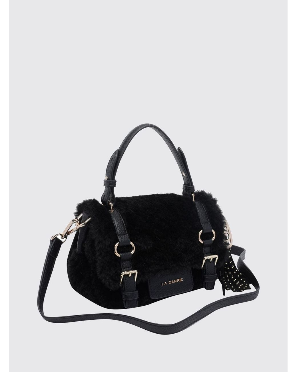 La Carrie Black Faux Fur Mini Handbag With Fringes, Logo Charm And Flat Handle