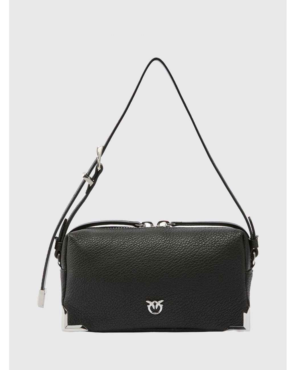 Pinko Black Full-Grain Leather Crossbody Bag With Metallic Love Birds Logo