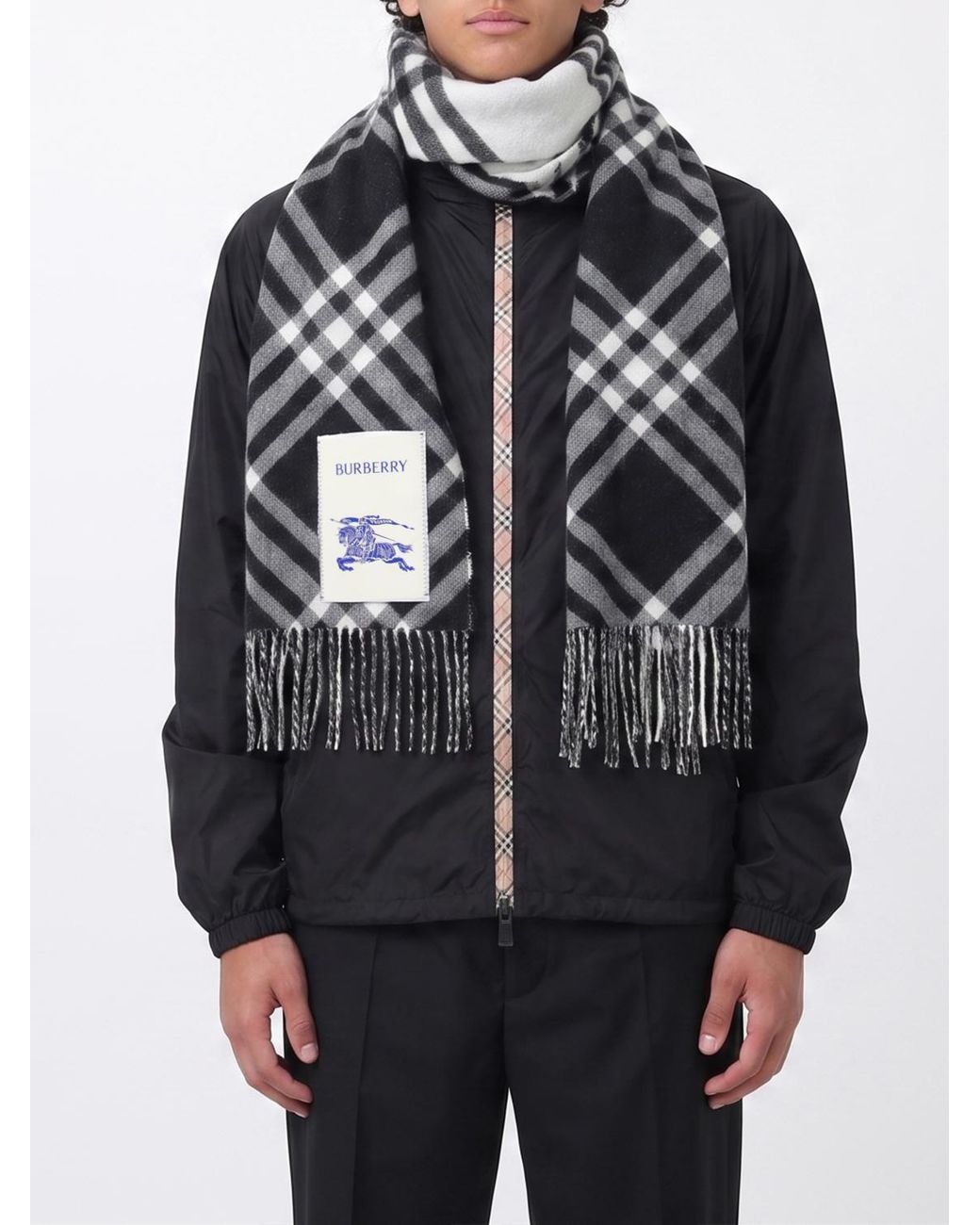 Burberry Black Fringed Check Pure Cashmere Scarf for men