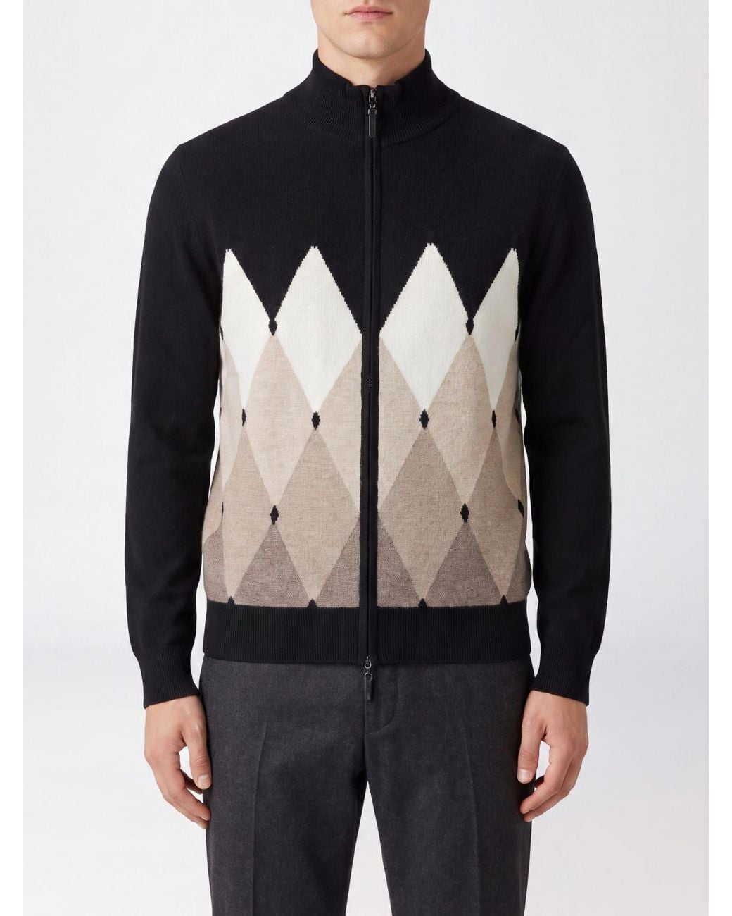 Ballantyne Blue Argyle Pattern 100% Cashmere Zip Cardigan for men