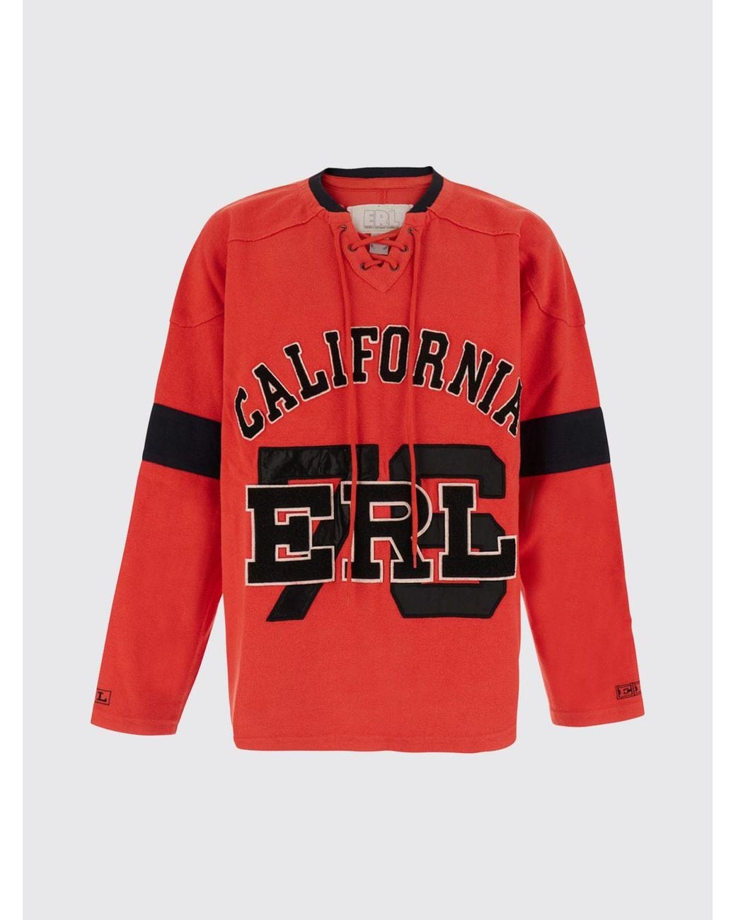 ERL Red Hockey Relaxed Fit Cotton Sweatshirt With V-Neck And Contrast Logo for men