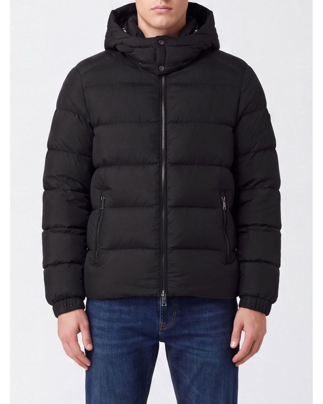 Add Black Quilted Polyester Short Down Jacket With Hood And Metal Zip for men