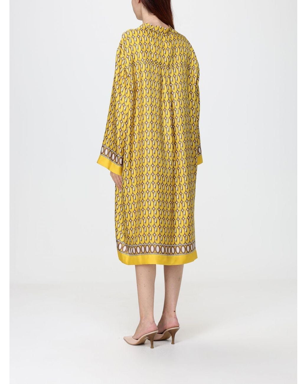 Max Mara Yellow Graphic Print Silk Chemisier Midi Dress With Mandarin Collar