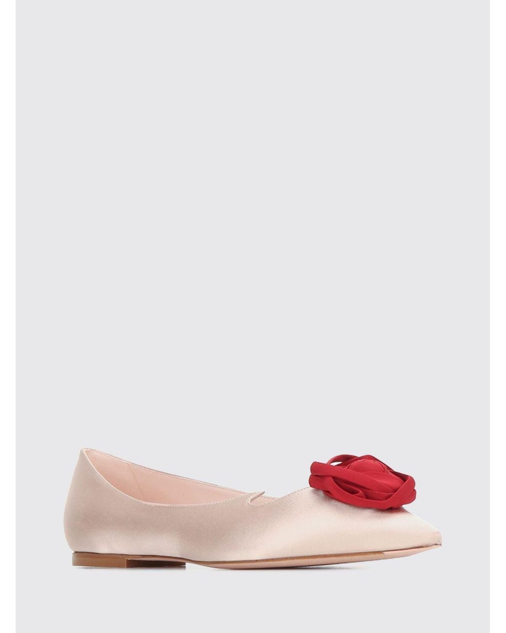 Roger Vivier Pink Rose Satin Ballet Flats With Embroidered Flower Appliqué