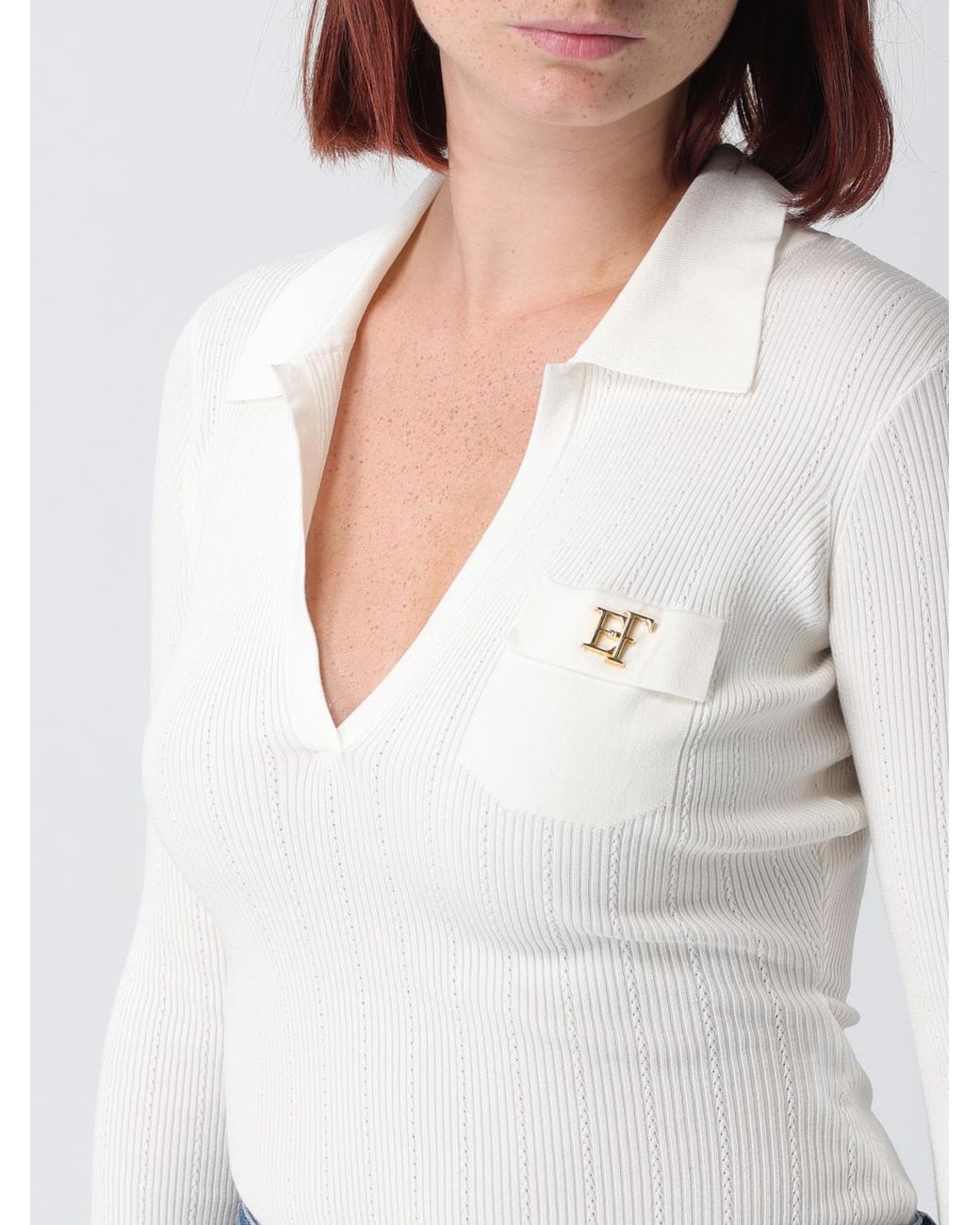 Elisabetta Franchi White Slim Fit Long-Sleeved V-Neck Bodysuit With Ruffles