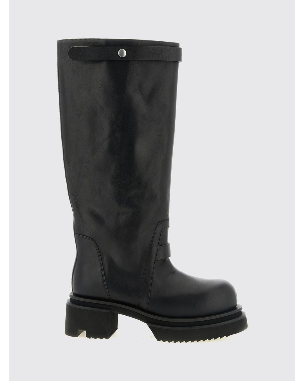 Rick Owens Black Knee-High Calfskin Leather Biker Boots With Lug Sole for men